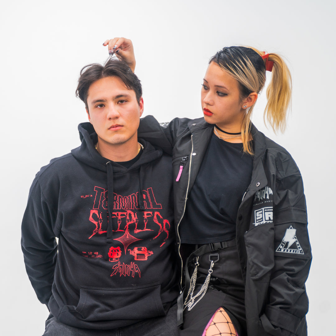 black and red shinya sleepless hoodie