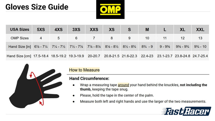 Gloves size guide with OMP logo and measurement instructions.