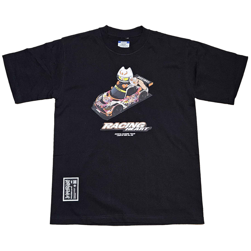 Black t-shirt with a graphic of a person in a racing car and 'Racing Heart' text on a white background