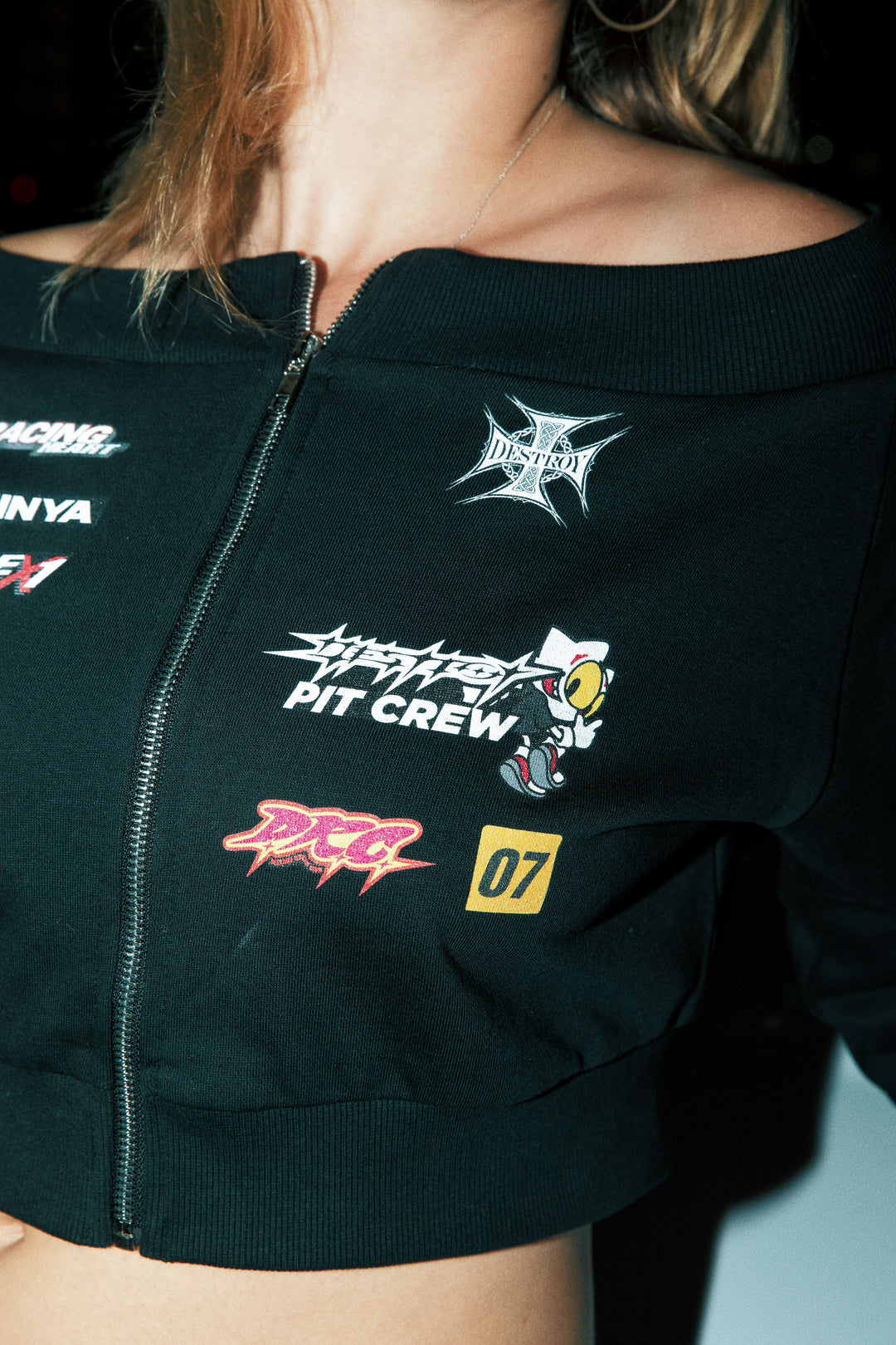 Pit Crew Off-Shoulder Zip Sweater