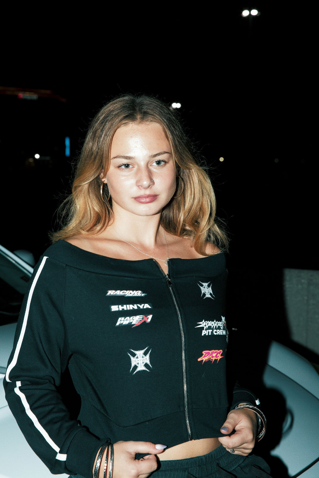 Pit Crew Off-Shoulder Zip Sweater