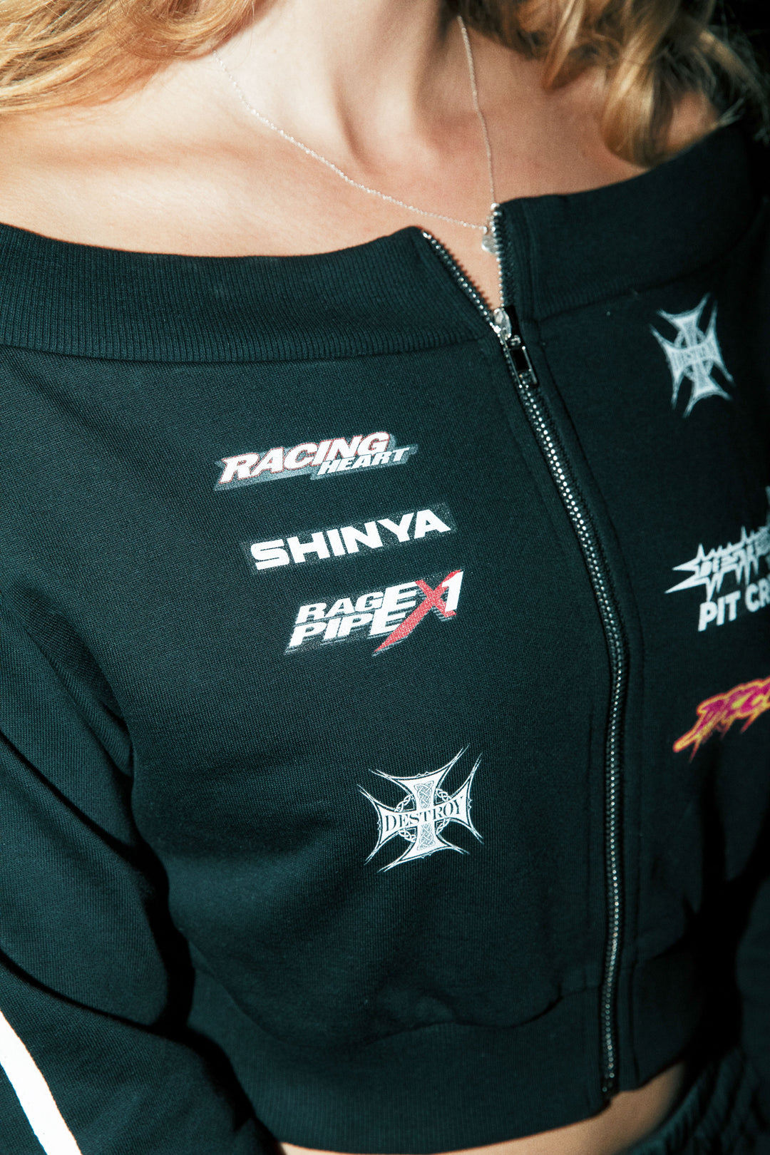 Pit Crew Off-Shoulder Zip Sweater